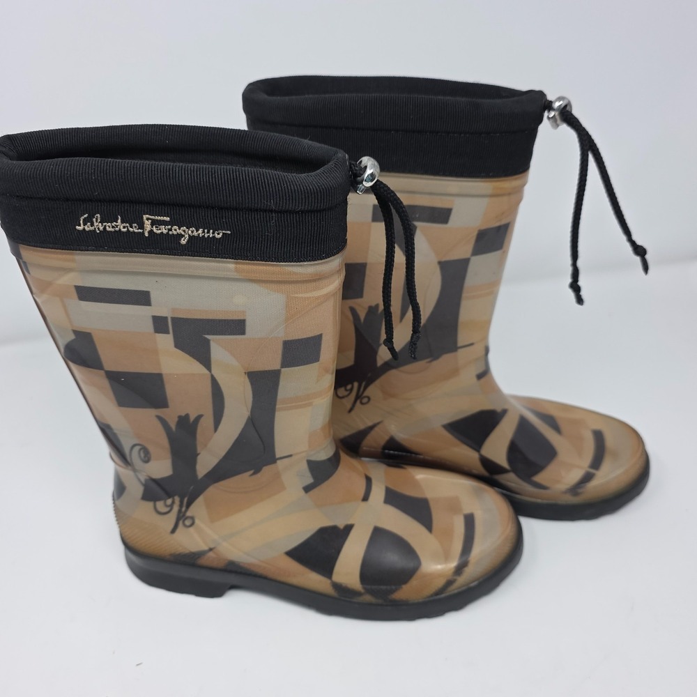 Salvatore Ferragamo Rain‎ Boots Womens 6 Brown Geometric Waterproof Drawstring